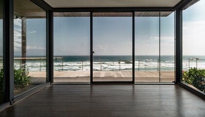 Wall Mural - Terrace with panoramic windows overlooking the sea. Black balcony room with access to the beach. Studio mockup in modern interior design. living room with window