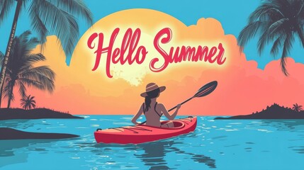 Wall Mural - Clip art summer poster of a person kayaking in tropical sea with coconut tree. Hello Summer.