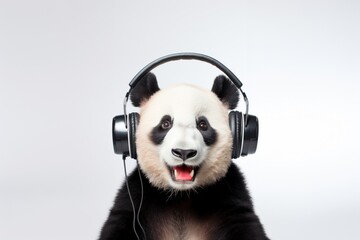 Wall Mural - Real photo of happy panda wearing headphones.