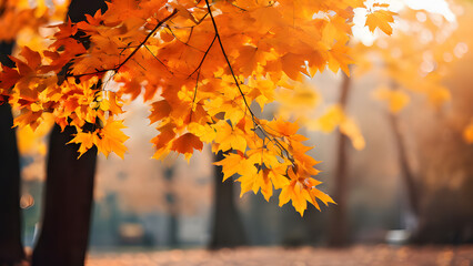 Autumn natural bokeh background with maple trees in the park with copy space