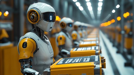 Poster - Robots in a fully automated factory handling logistics, materials, and production, efficiency in Industry 40