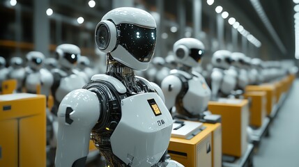 Poster - Robots in a fully automated factory handling logistics, materials, and production, efficiency in Industry 40