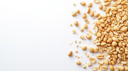 Crushed peanuts are scattered across a clean, smooth white surface, showcasing their varying sizes and textures, ideal for culinary or product presentations