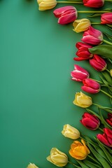 Wall Mural - A row of tulips in various colors are arranged on a green background