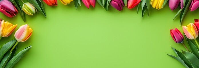 Wall Mural - A green background with a row of colorful tulips