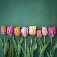 Wall Mural - A row of flowers with different colors, including pink, orange, and yellow