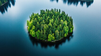 Wall Mural - Aerial shot of a forested island in a lake, with ample space for text in the water reflections.