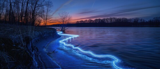 Poster - Serene Twilight River with Glowing Light Trail