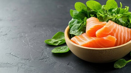 Wall Mural - Fresh salmon and greens in a pet bowl, concept of raw food diet