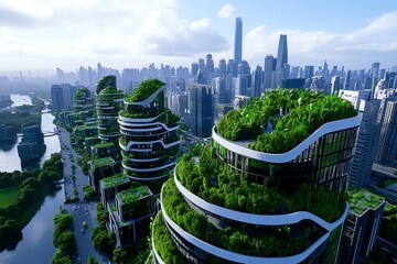 Poster - A futuristic city powered by magical green energy sources, where plants grow on buildings and nature thrives alongside technology
