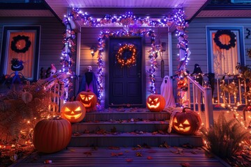 Spooky Halloween house decorations with orange and purple theme