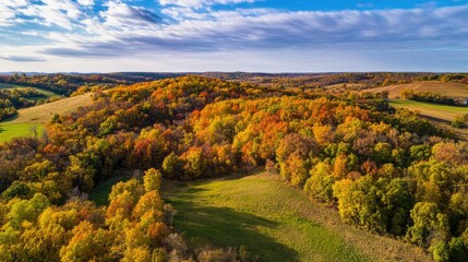 Wall Mural - Aerial view of a forested hill with vibrant fall colors, with space for text in the sky above.