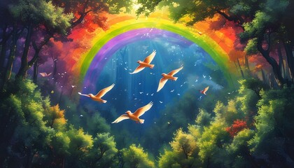 Wall Mural - Avian Elegance Amidst a Vibrant Rainbow in a Lush Forest