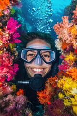 Wall Mural - Closup portrait of female diver with colorful beautiful coral reef with sea life fishes