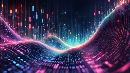 Abstract digital wave with colorful lines and dots, glowing in the dark.