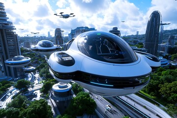Poster - A futuristic city powered entirely by renewable energy, with flying electric cars and advanced carbon capture systems, representing a decarbonized future