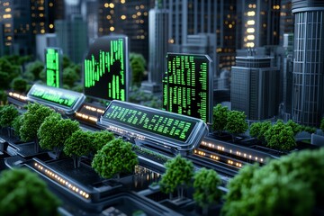 Aufkleber - A futuristic city where holographic stock tickers display real-time financial data, showing advanced financial systems in a high-tech environment