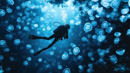 Wall Mural - Diver in deep sea with glowing jelly fish