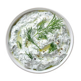 A bowl of tzatziki sauce garnished with fresh herbs. isolated over transparent background, PNG, cut-out