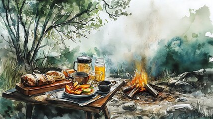 Wall Mural - Watercolor Painting of a Campsite Picnic with a Fire