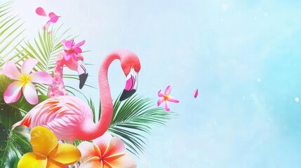 Wall Mural - This wallpaper design depicts exotic leaves and flowers. There are hummingbirds and flamingos on the background. It has a seamless texture based on paper.