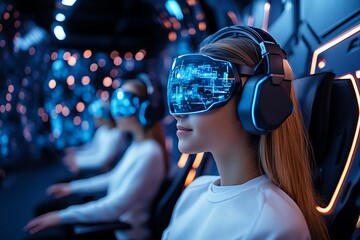 Poster - A futuristic e-learning classroom with holographic screens and virtual avatars, where students learn through advanced AI-driven platforms