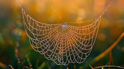 Nature's Intricate Beauty - Delicate Spiderweb Covered in Morning Dew