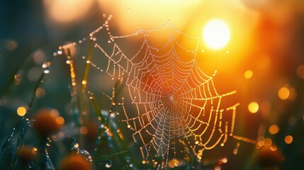 Intricate Spiderweb Glistening with Morning Dew - Nature's Delicate Beauty Captured