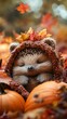 © fourtakig - A sleepy hedgehog in a fuzzy bear costume curled up in a pumpkin patch, surrounded by fall foliage