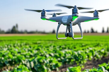 Poster - A futuristic farm using drones and AI for precision agriculture, powered entirely by renewable energy sources