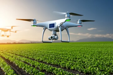 Poster - A futuristic farm using drones and AI for precision agriculture, powered entirely by renewable energy sources