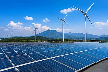 Poster - A futuristic smart city where AI manages energy usage from renewable sources, with solar panels, wind farms, and energy-efficient buildings integrated into the landscape