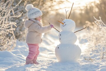 Poster - A little girl in pink pants and a white hat is building a snowman. The winter landscape in the background features trees covered in fresh snow, under a sunny, golden-hour sky.