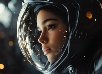 Aufkleber - Beautiful woman in astronaut costume with space station in background, cinematic lighting, detailed skin texture, dark grey eyes, dark brown hair, subtle highlights on helmet visor