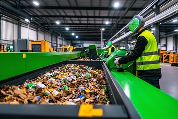 Poster - A high-tech recycling center sorting materials using AI and robotics, part of a sustainable waste management system driven by green technology