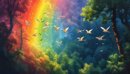 Wall Mural - Avian Elegance Amidst a Vibrant Rainbow in a Lush Forest