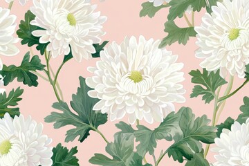 Modern stock illustration of a floral seamless pattern featuring Dahlia flowers and green leaves on a light pink background. For textiles, wallpapers, prints, greeting cards.