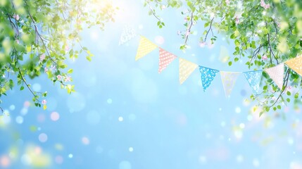 Poster - An art modern of colorful pennant string decorations on green foliage over blue sky, perfect for a summer party background template banner