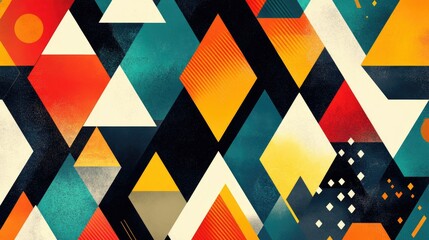 Poster - Vibrant geometric abstract pattern with colorful triangles and shapes. Bold and dynamic design, perfect for modern backgrounds.