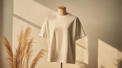 Poster - A cream-colored oversized t-shirt is showcased on a mannequin, highlighting its relaxed fit and soft texture in a serene, neutral background with gentle lighting