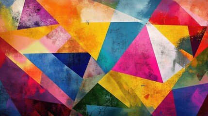 Poster - Vibrant geometric abstract pattern with colorful triangles and shapes, creating a dynamic and modern design.