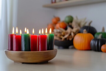 A Kwanzaa banner, featuring seven candles in red, black, and green colors, vegetable harvest, corn, and a greeting card.