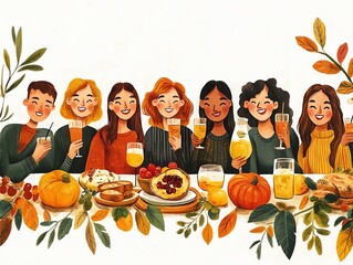 Thanksgiving friendsgiving gathering with food, drinks, and laughter, vibrant fall colors, handdrawn style, isolated on white background