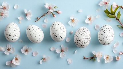 White speckled Easter eggs arranged with cherry blossoms on a light blue backdrop A cheerful spring template for a greeting card or banner Flat lay with ample copy space