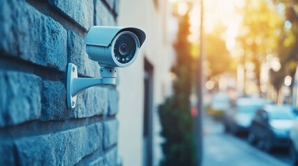 Poster - Surveillance camera mounted on a home or business wall, capturing the area for security purposes.