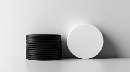 Poster - A blank white plastic stand mockup is positioned next to a neat stack of black poker chips, showcasing a minimalist arrangement that emphasizes the contrasting colors