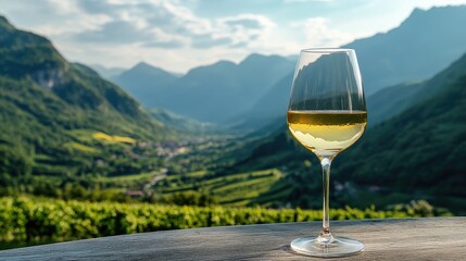 White wine glass on a wooden table with green mountains in the background, ideal for capturing nature and luxury.