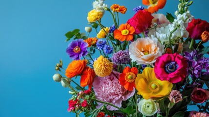 Wall Mural - Vibrant bouquet of mixed flowers against a blue backdrop