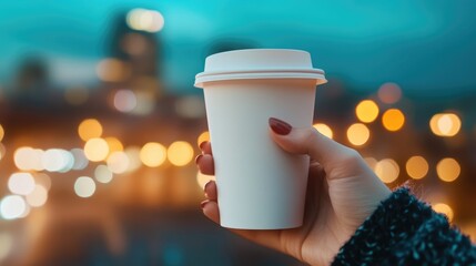 Poster - Woman hand holding a blank white coffee cup mockup, with a soft blurred cityscape at twilight in the background.