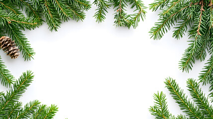 Wall Mural - Decorative border frame with evergreen pine branches isolated on white background with copy space for text